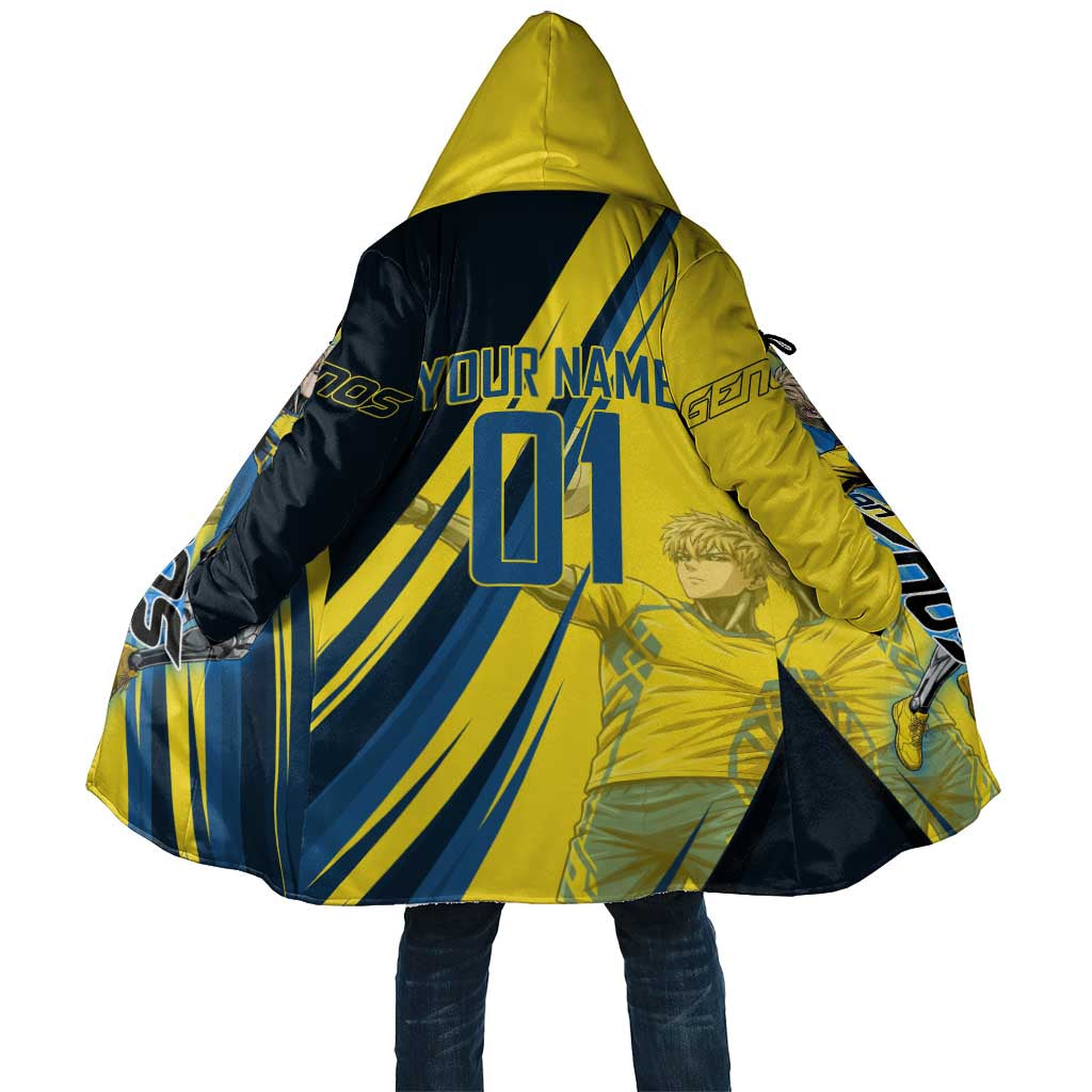 Personalized Genos Volleyball Design Cloak with Yellow and Blue Athletic Theme and Dynamic Spike Pose