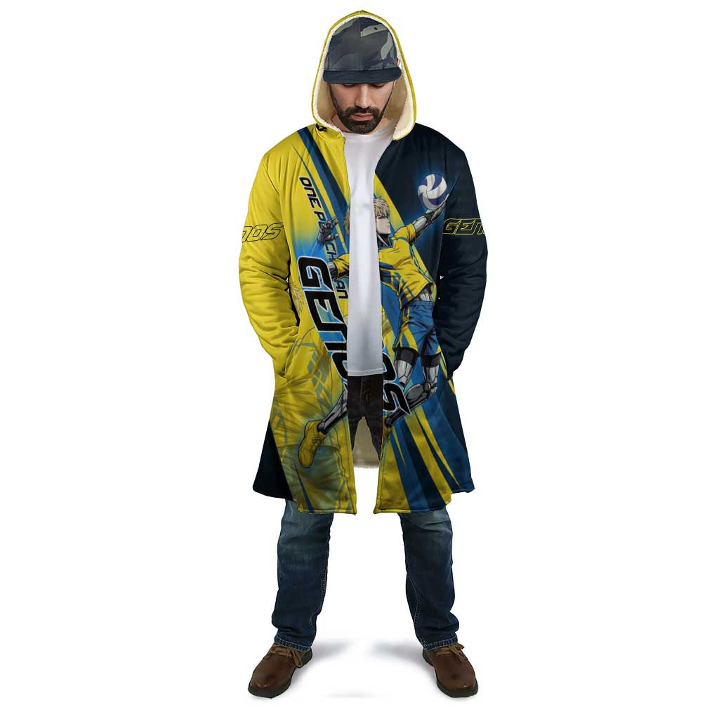 Personalized Genos Volleyball Design Cloak with Yellow and Blue Athletic Theme and Dynamic Spike Pose
