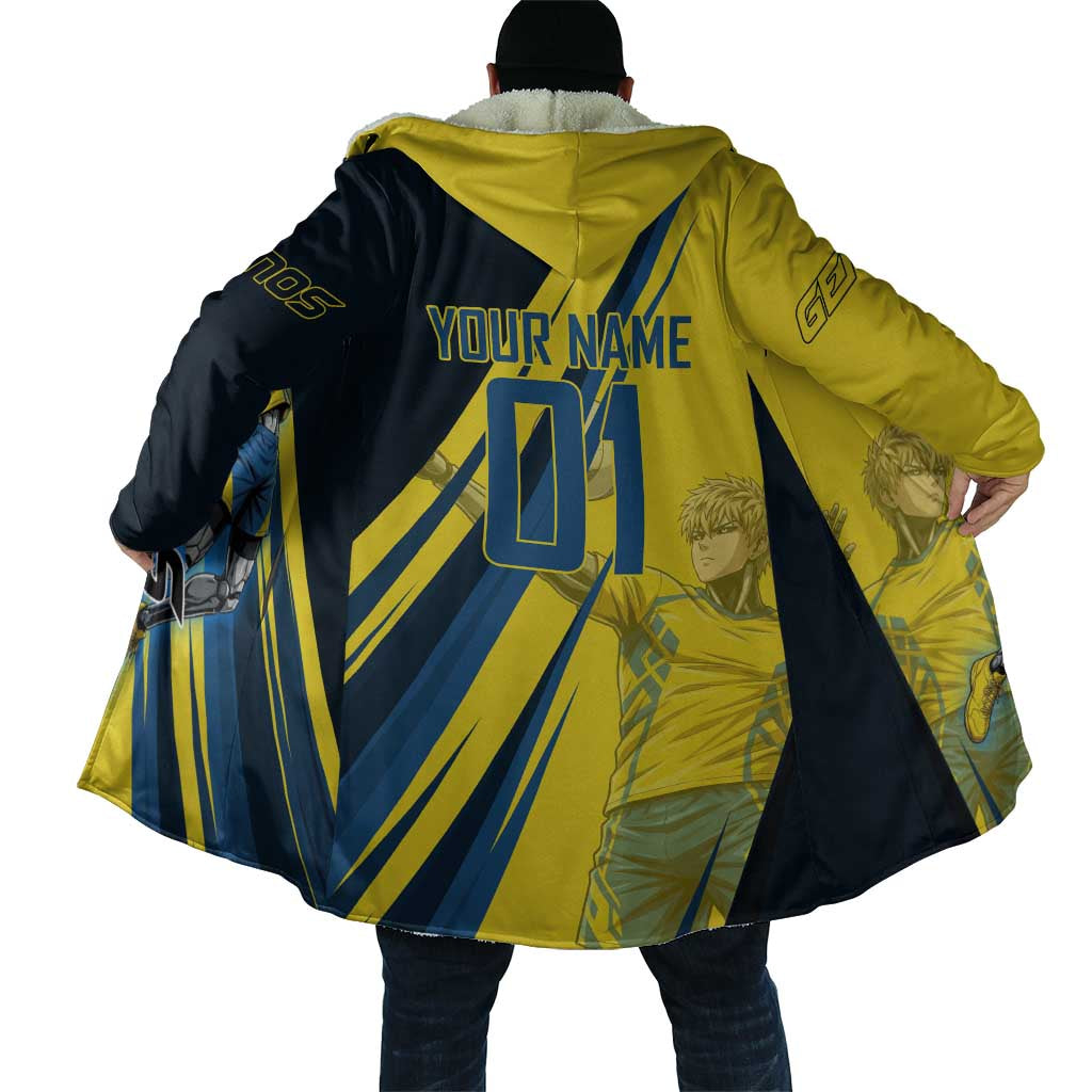Personalized Genos Volleyball Design Cloak with Yellow and Blue Athletic Theme and Dynamic Spike Pose