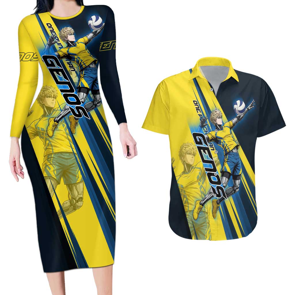 Personalized Genos Volleyball Design Couples Matching Long Sleeve Bodycon Dress and Hawaiian Shirt with Yellow and Blue Athletic Theme and Dynamic Spike Pose