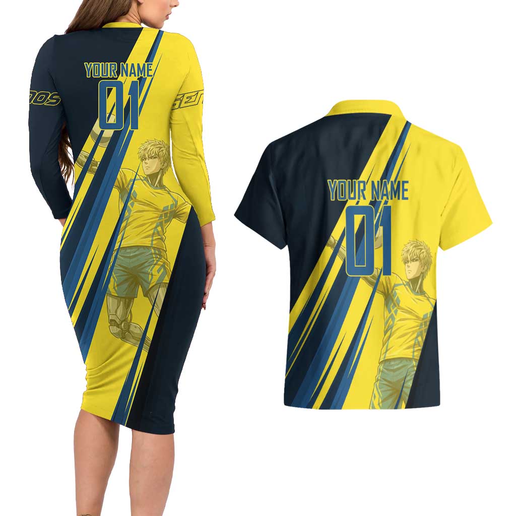 Personalized Genos Volleyball Design Couples Matching Long Sleeve Bodycon Dress and Hawaiian Shirt with Yellow and Blue Athletic Theme and Dynamic Spike Pose