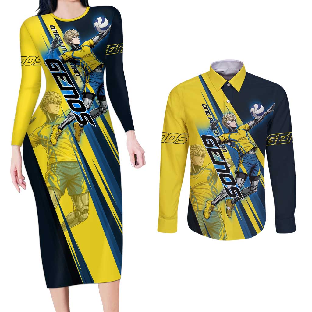 Personalized Genos Volleyball Design Couples Matching Long Sleeve Bodycon Dress and Long Sleeve Button Shirt with Yellow and Blue Athletic Theme and Dynamic Spike Pose