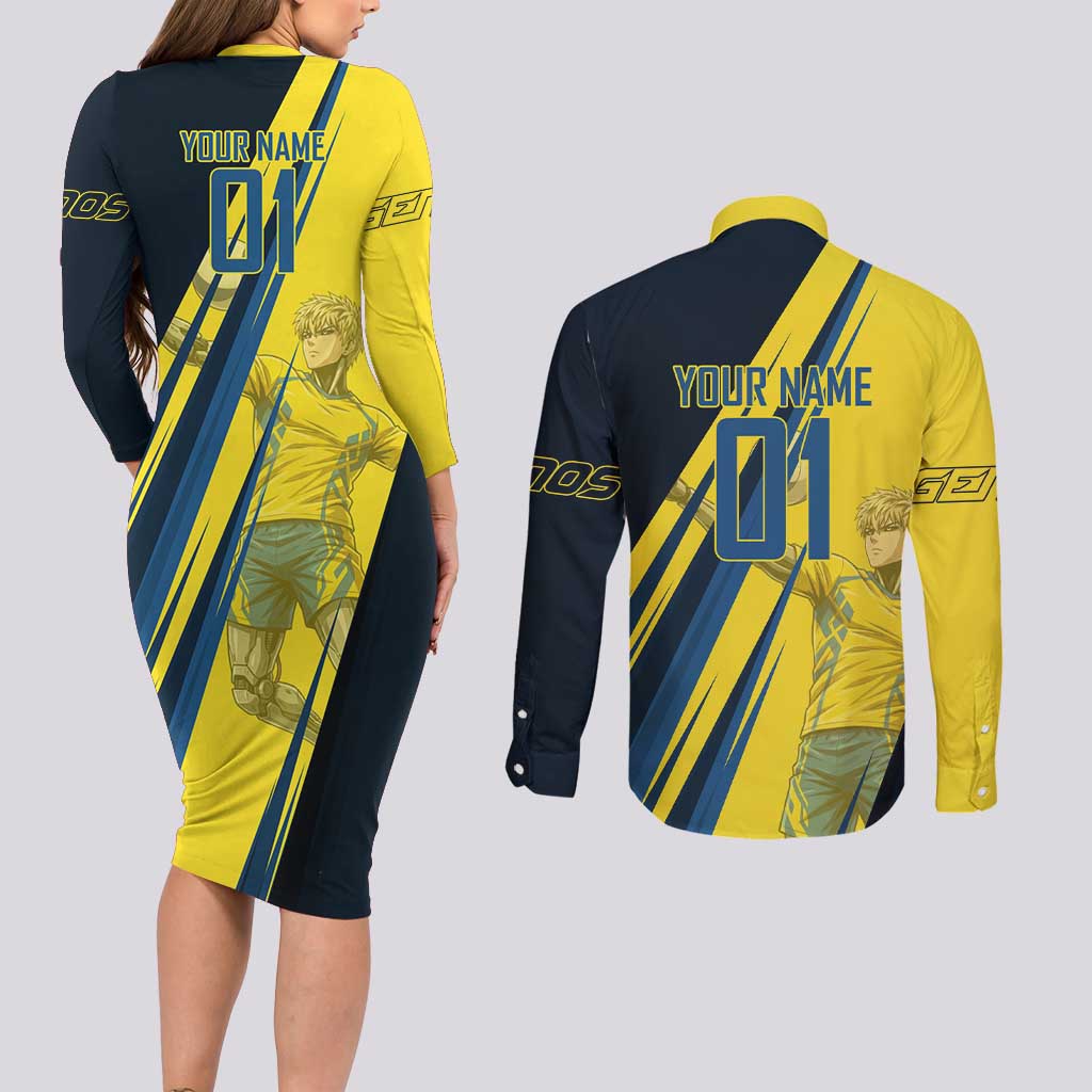 Personalized Genos Volleyball Design Couples Matching Long Sleeve Bodycon Dress and Long Sleeve Button Shirt with Yellow and Blue Athletic Theme and Dynamic Spike Pose