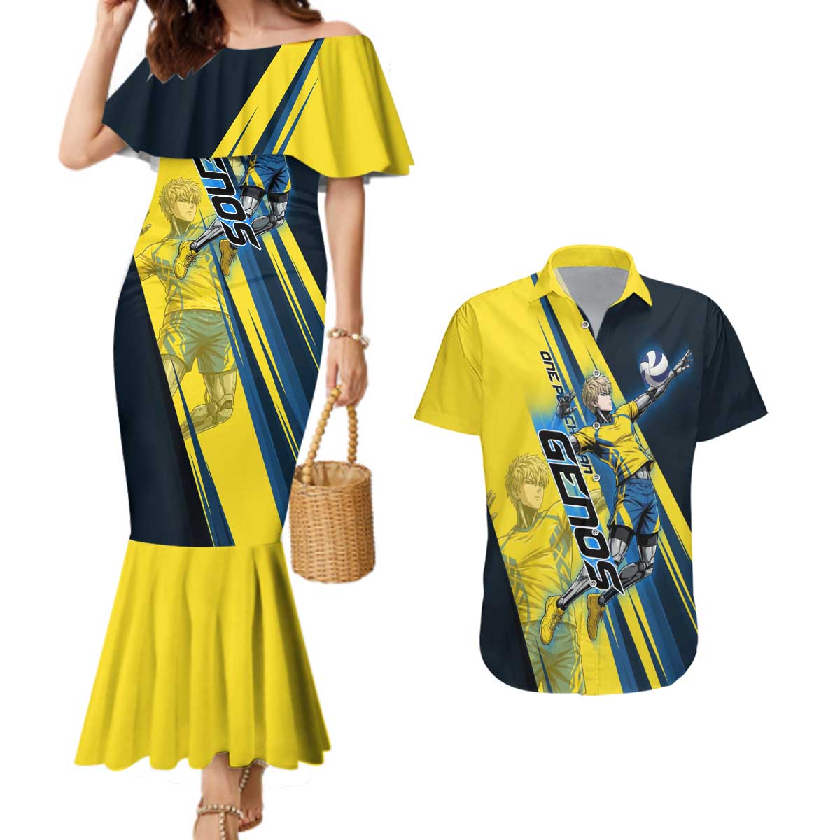 Personalized Genos Volleyball Design Couples Matching Mermaid Dress and Hawaiian Shirt with Yellow and Blue Athletic Theme and Dynamic Spike Pose