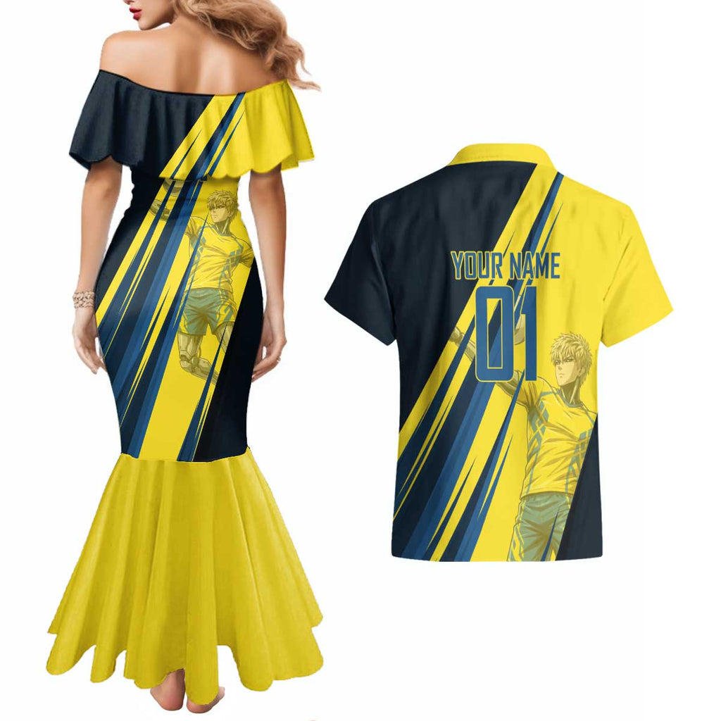 Personalized Genos Volleyball Design Couples Matching Mermaid Dress and Hawaiian Shirt with Yellow and Blue Athletic Theme and Dynamic Spike Pose