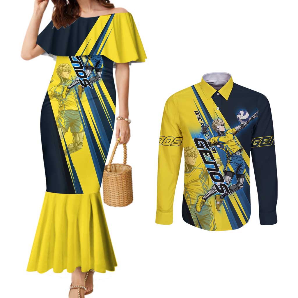 Personalized Genos Volleyball Design Couples Matching Mermaid Dress and Long Sleeve Button Shirt with Yellow and Blue Athletic Theme and Dynamic Spike Pose