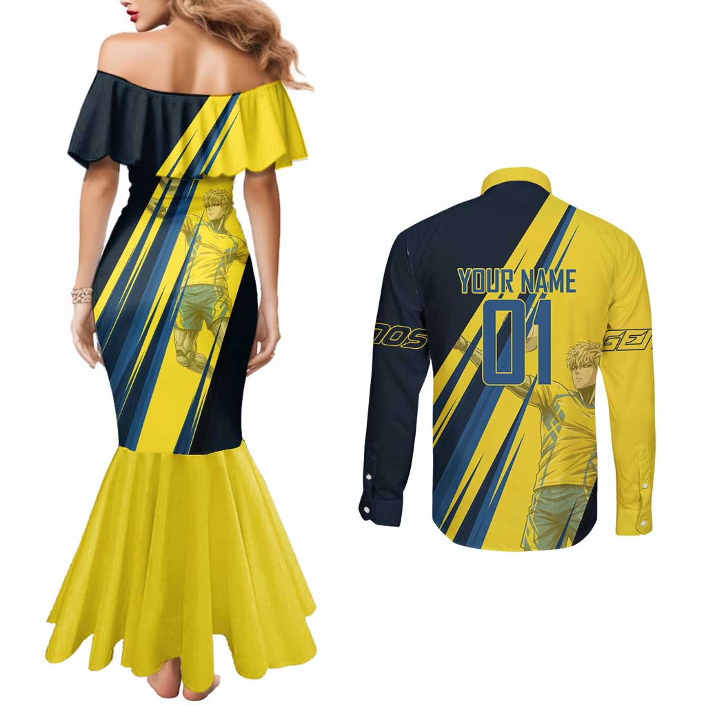 Personalized Genos Volleyball Design Couples Matching Mermaid Dress and Long Sleeve Button Shirt with Yellow and Blue Athletic Theme and Dynamic Spike Pose