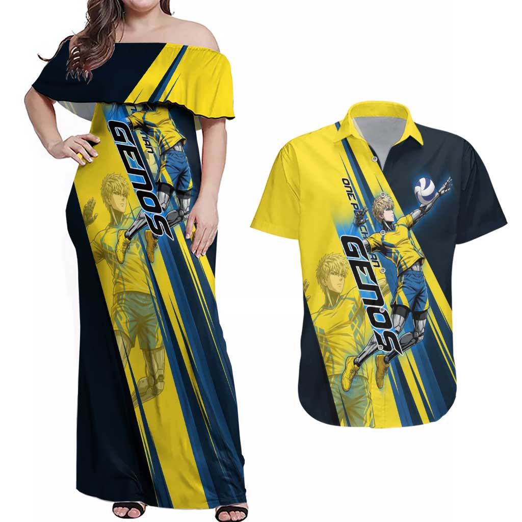 Personalized Genos Volleyball Design Couples Matching Off Shoulder Maxi Dress and Hawaiian Shirt with Yellow and Blue Athletic Theme and Dynamic Spike Pose