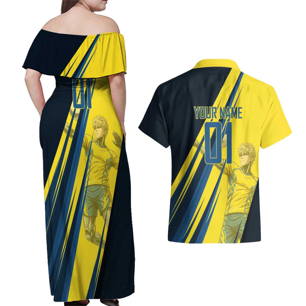 Personalized Genos Volleyball Design Couples Matching Off Shoulder Maxi Dress and Hawaiian Shirt with Yellow and Blue Athletic Theme and Dynamic Spike Pose