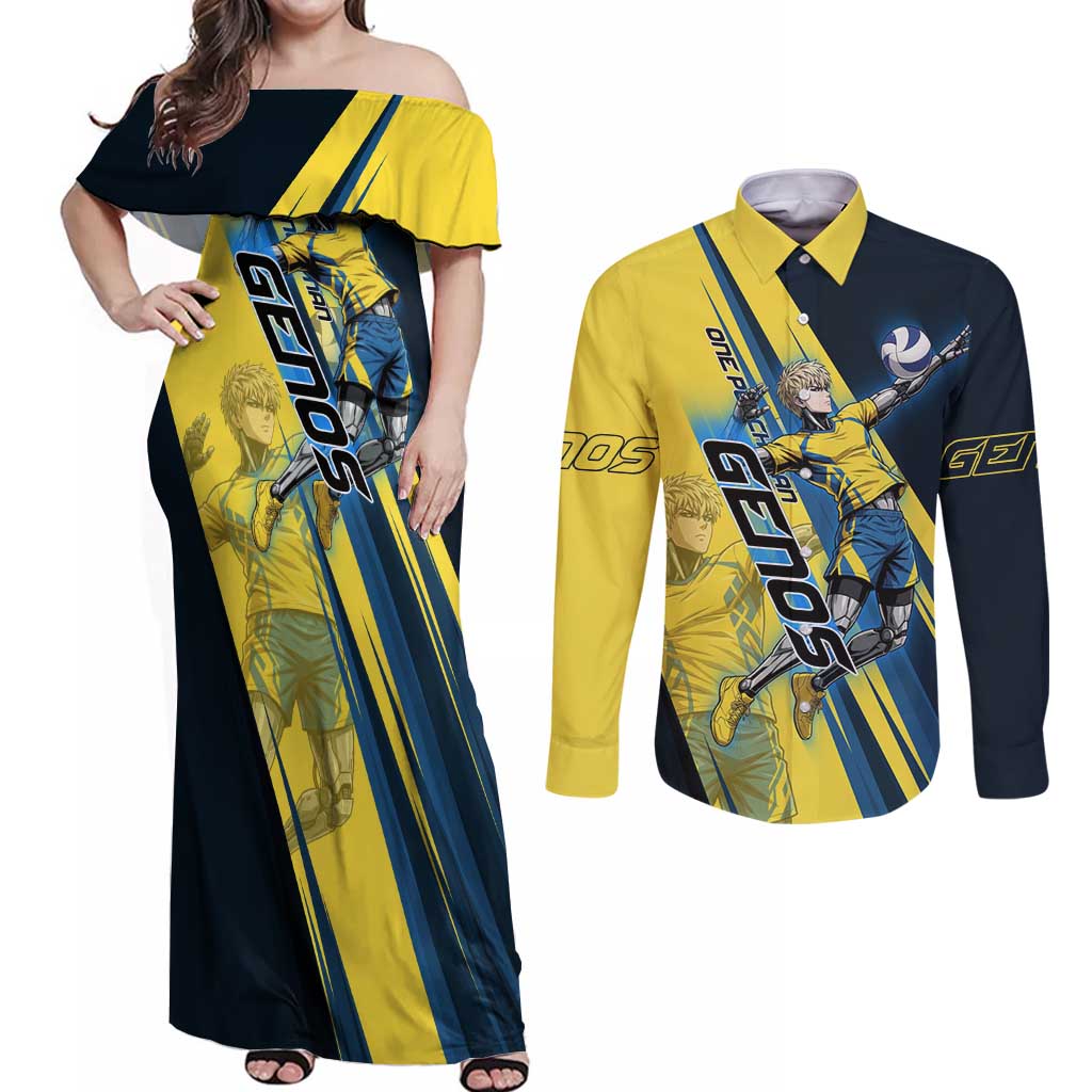 Personalized Genos Volleyball Design Couples Matching Off Shoulder Maxi Dress and Long Sleeve Button Shirt with Yellow and Blue Athletic Theme and Dynamic Spike Pose