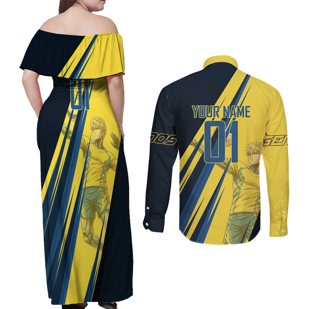 Personalized Genos Volleyball Design Couples Matching Off Shoulder Maxi Dress and Long Sleeve Button Shirt with Yellow and Blue Athletic Theme and Dynamic Spike Pose