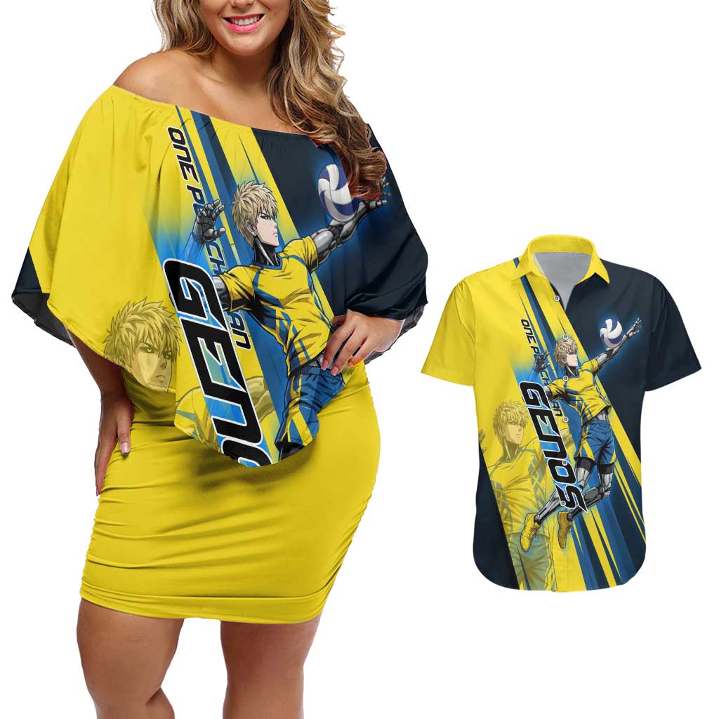 Personalized Genos Volleyball Design Couples Matching Off Shoulder Short Dress and Hawaiian Shirt with Yellow and Blue Athletic Theme and Dynamic Spike Pose
