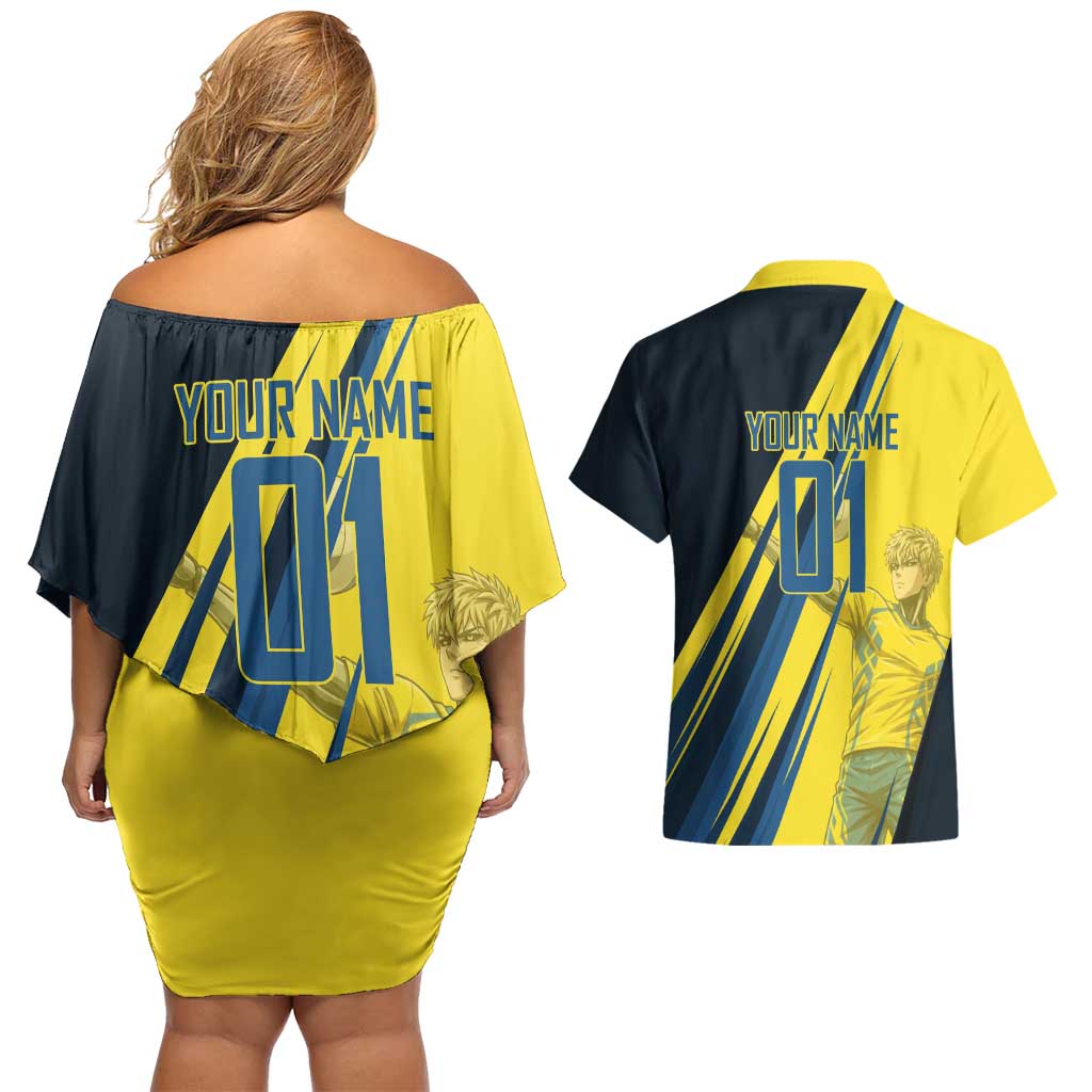 Personalized Genos Volleyball Design Couples Matching Off Shoulder Short Dress and Hawaiian Shirt with Yellow and Blue Athletic Theme and Dynamic Spike Pose