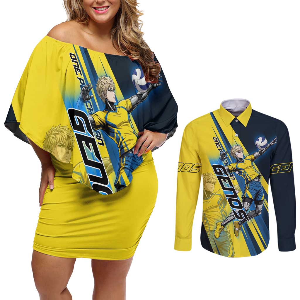 Personalized Genos Volleyball Design Couples Matching Off Shoulder Short Dress and Long Sleeve Button Shirt with Yellow and Blue Athletic Theme and Dynamic Spike Pose