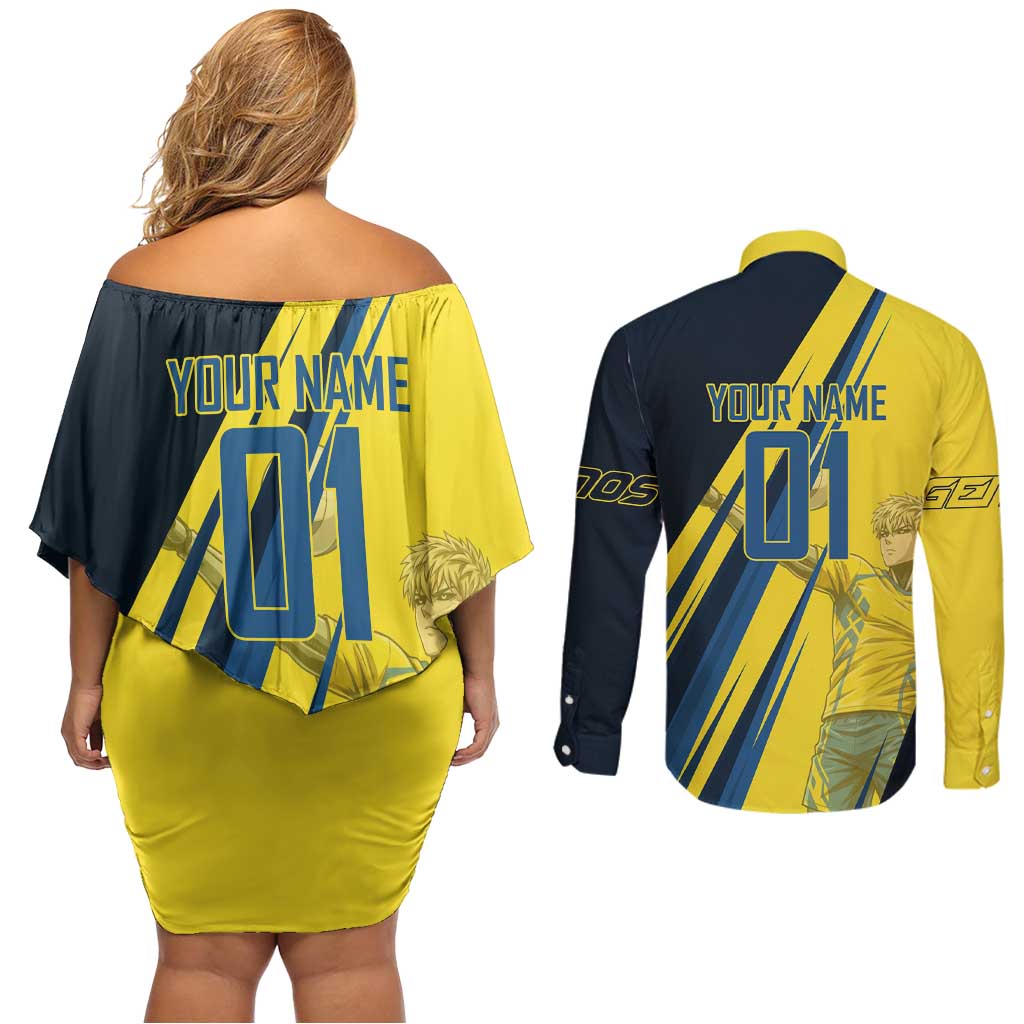 Personalized Genos Volleyball Design Couples Matching Off Shoulder Short Dress and Long Sleeve Button Shirt with Yellow and Blue Athletic Theme and Dynamic Spike Pose