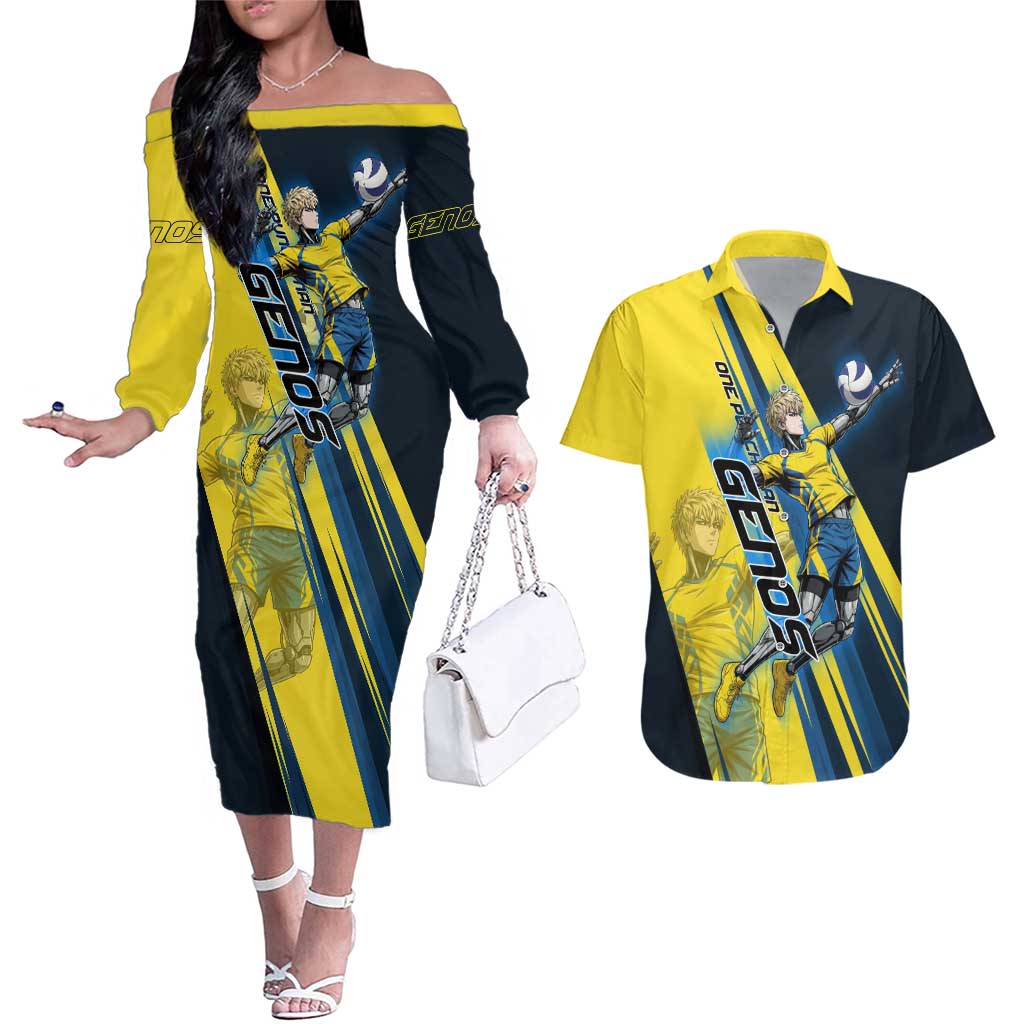 Personalized Genos Volleyball Design Couples Matching Off The Shoulder Long Sleeve Dress and Hawaiian Shirt with Yellow and Blue Athletic Theme and Dynamic Spike Pose