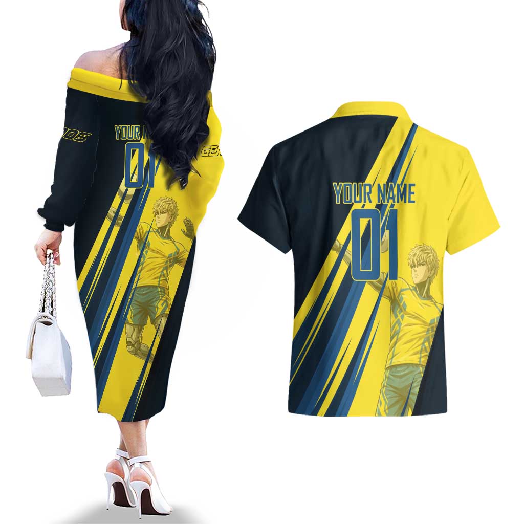 Personalized Genos Volleyball Design Couples Matching Off The Shoulder Long Sleeve Dress and Hawaiian Shirt with Yellow and Blue Athletic Theme and Dynamic Spike Pose