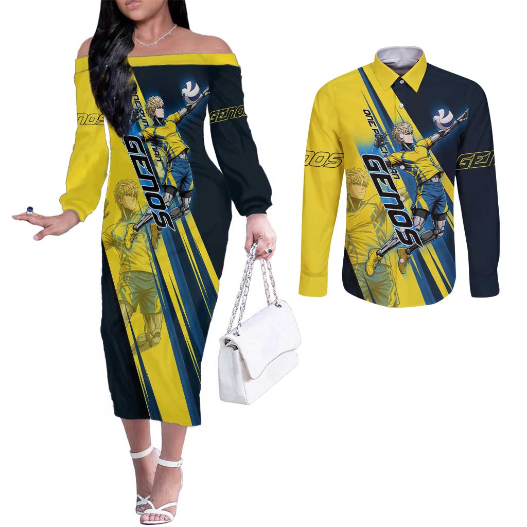Personalized Genos Volleyball Design Couples Matching Off The Shoulder Long Sleeve Dress and Long Sleeve Button Shirt with Yellow and Blue Athletic Theme and Dynamic Spike Pose
