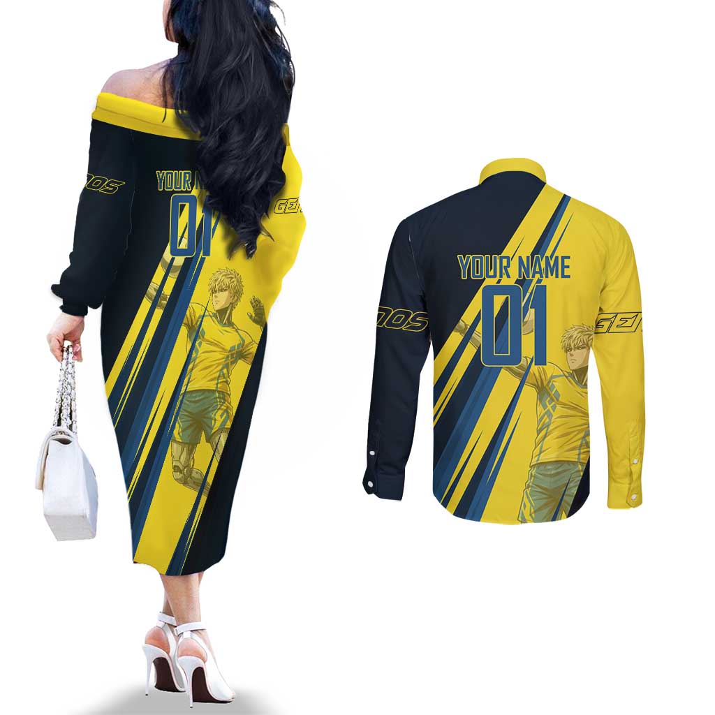 Personalized Genos Volleyball Design Couples Matching Off The Shoulder Long Sleeve Dress and Long Sleeve Button Shirt with Yellow and Blue Athletic Theme and Dynamic Spike Pose