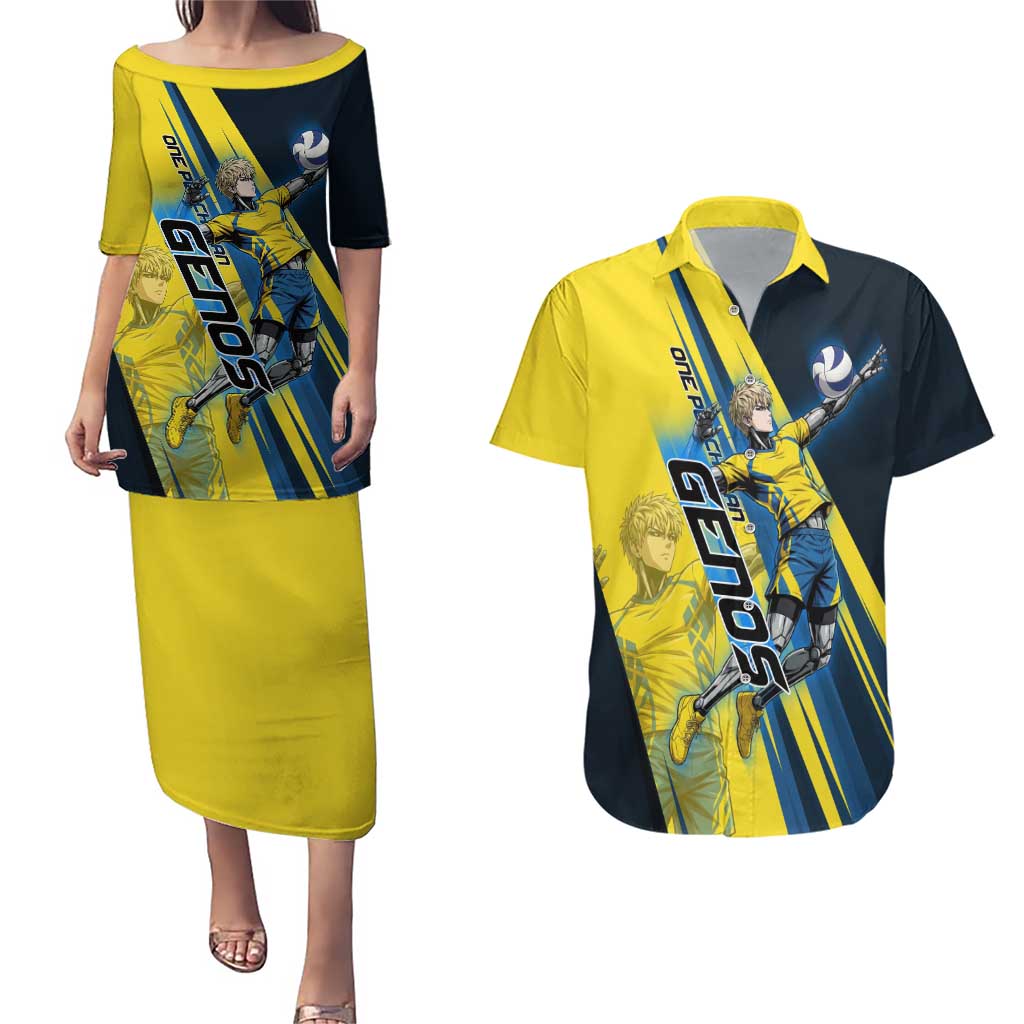 Personalized Genos Volleyball Design Couples Matching Puletasi and Hawaiian Shirt with Yellow and Blue Athletic Theme and Dynamic Spike Pose