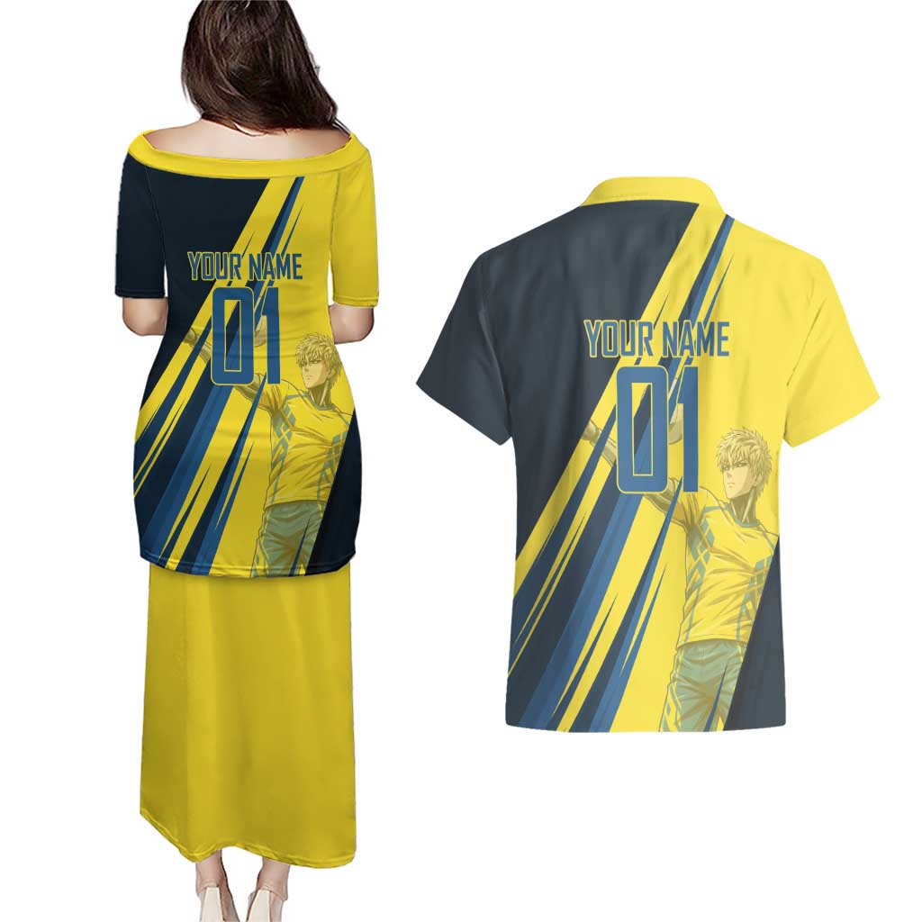Personalized Genos Volleyball Design Couples Matching Puletasi and Hawaiian Shirt with Yellow and Blue Athletic Theme and Dynamic Spike Pose