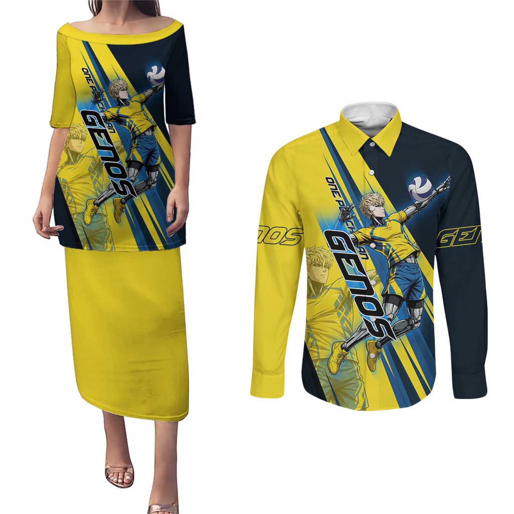 Personalized Genos Volleyball Design Couples Matching Puletasi and Long Sleeve Button Shirt with Yellow and Blue Athletic Theme and Dynamic Spike Pose