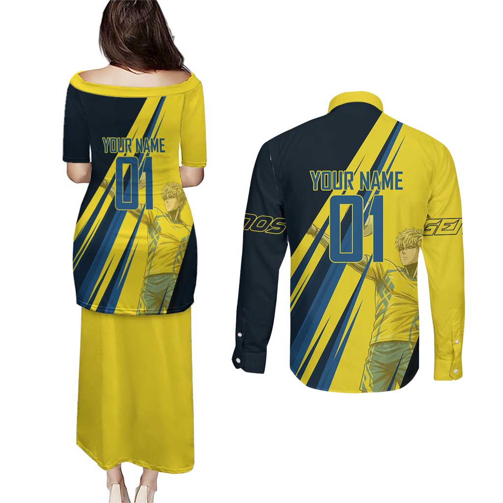 Personalized Genos Volleyball Design Couples Matching Puletasi and Long Sleeve Button Shirt with Yellow and Blue Athletic Theme and Dynamic Spike Pose