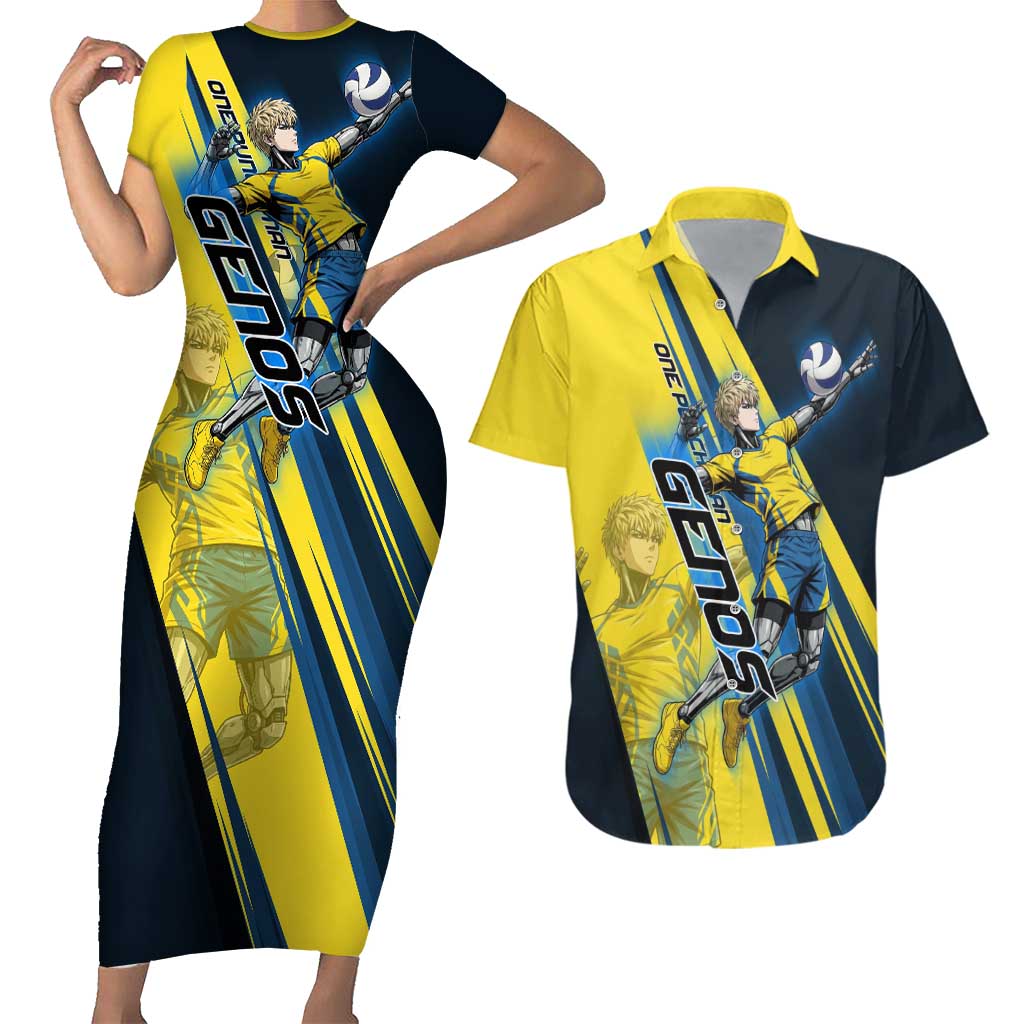 Personalized Genos Volleyball Design Couples Matching Short Sleeve Bodycon Dress and Hawaiian Shirt with Yellow and Blue Athletic Theme and Dynamic Spike Pose