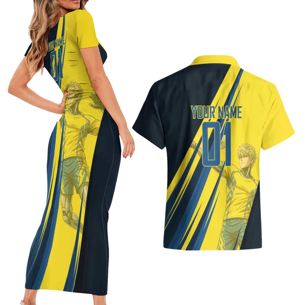 Personalized Genos Volleyball Design Couples Matching Short Sleeve Bodycon Dress and Hawaiian Shirt with Yellow and Blue Athletic Theme and Dynamic Spike Pose