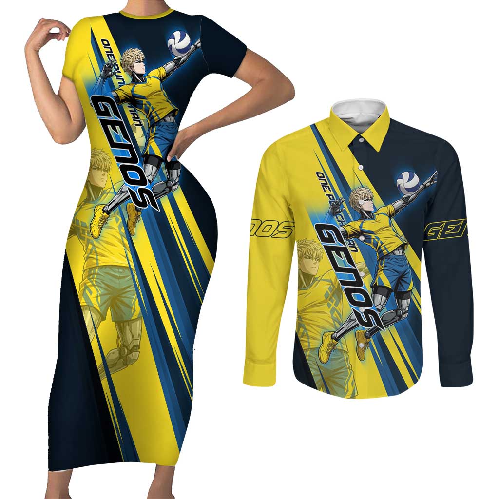 Personalized Genos Volleyball Design Couples Matching Short Sleeve Bodycon Dress and Long Sleeve Button Shirt with Yellow and Blue Athletic Theme and Dynamic Spike Pose