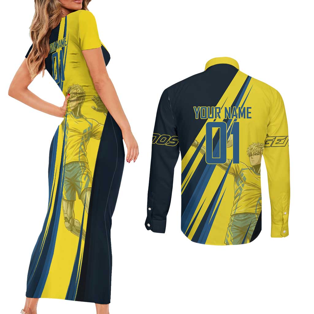 Personalized Genos Volleyball Design Couples Matching Short Sleeve Bodycon Dress and Long Sleeve Button Shirt with Yellow and Blue Athletic Theme and Dynamic Spike Pose