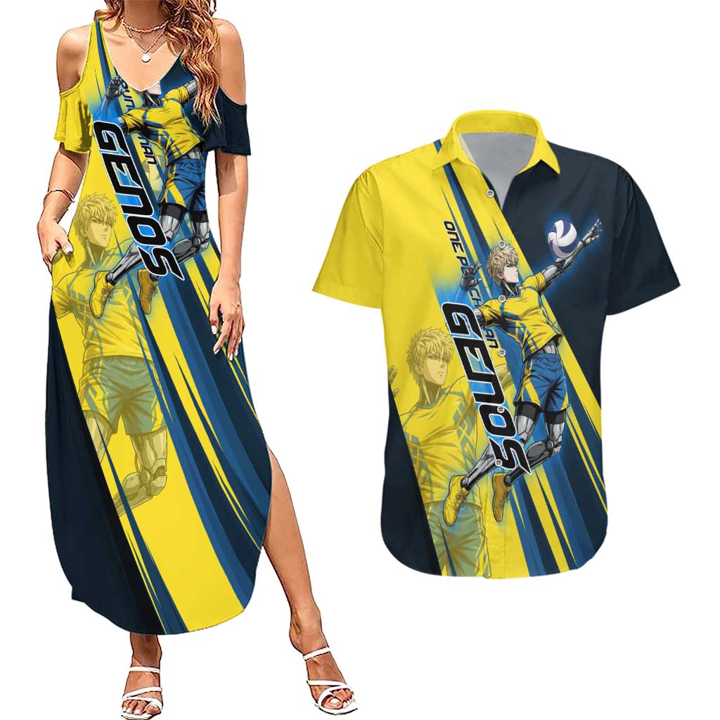 Personalized Genos Volleyball Design Couples Matching Summer Maxi Dress and Hawaiian Shirt with Yellow and Blue Athletic Theme and Dynamic Spike Pose