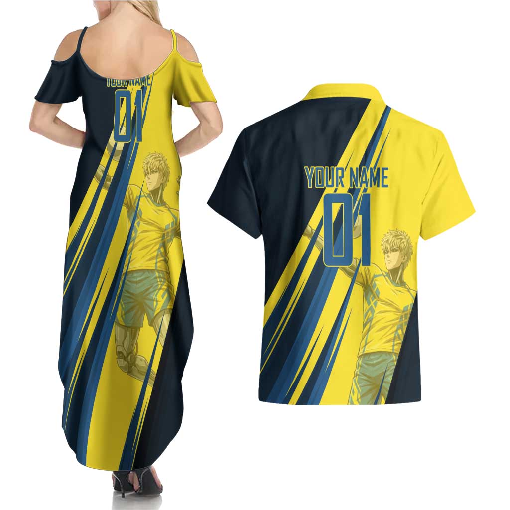 Personalized Genos Volleyball Design Couples Matching Summer Maxi Dress and Hawaiian Shirt with Yellow and Blue Athletic Theme and Dynamic Spike Pose