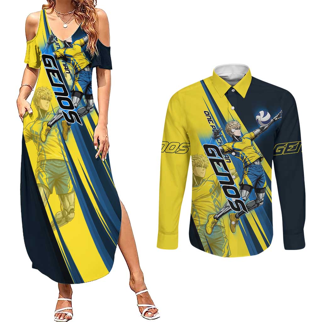 Personalized Genos Volleyball Design Couples Matching Summer Maxi Dress and Long Sleeve Button Shirt with Yellow and Blue Athletic Theme and Dynamic Spike Pose
