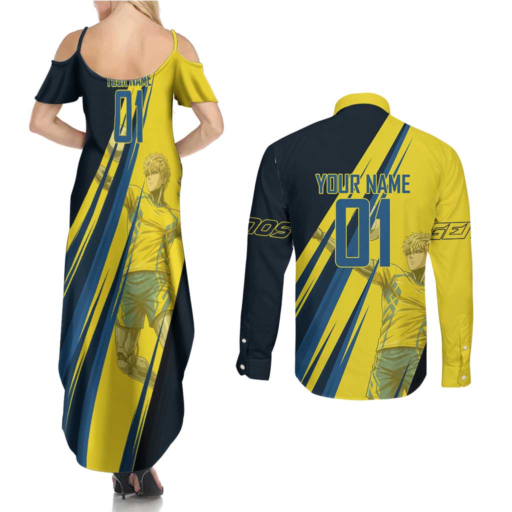 Personalized Genos Volleyball Design Couples Matching Summer Maxi Dress and Long Sleeve Button Shirt with Yellow and Blue Athletic Theme and Dynamic Spike Pose