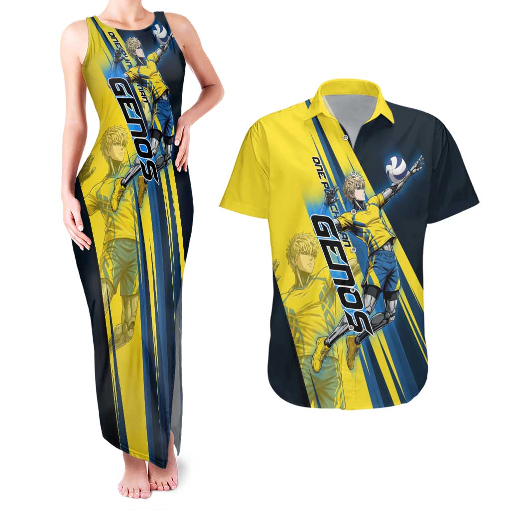 Personalized Genos Volleyball Design Couples Matching Tank Maxi Dress and Hawaiian Shirt with Yellow and Blue Athletic Theme and Dynamic Spike Pose