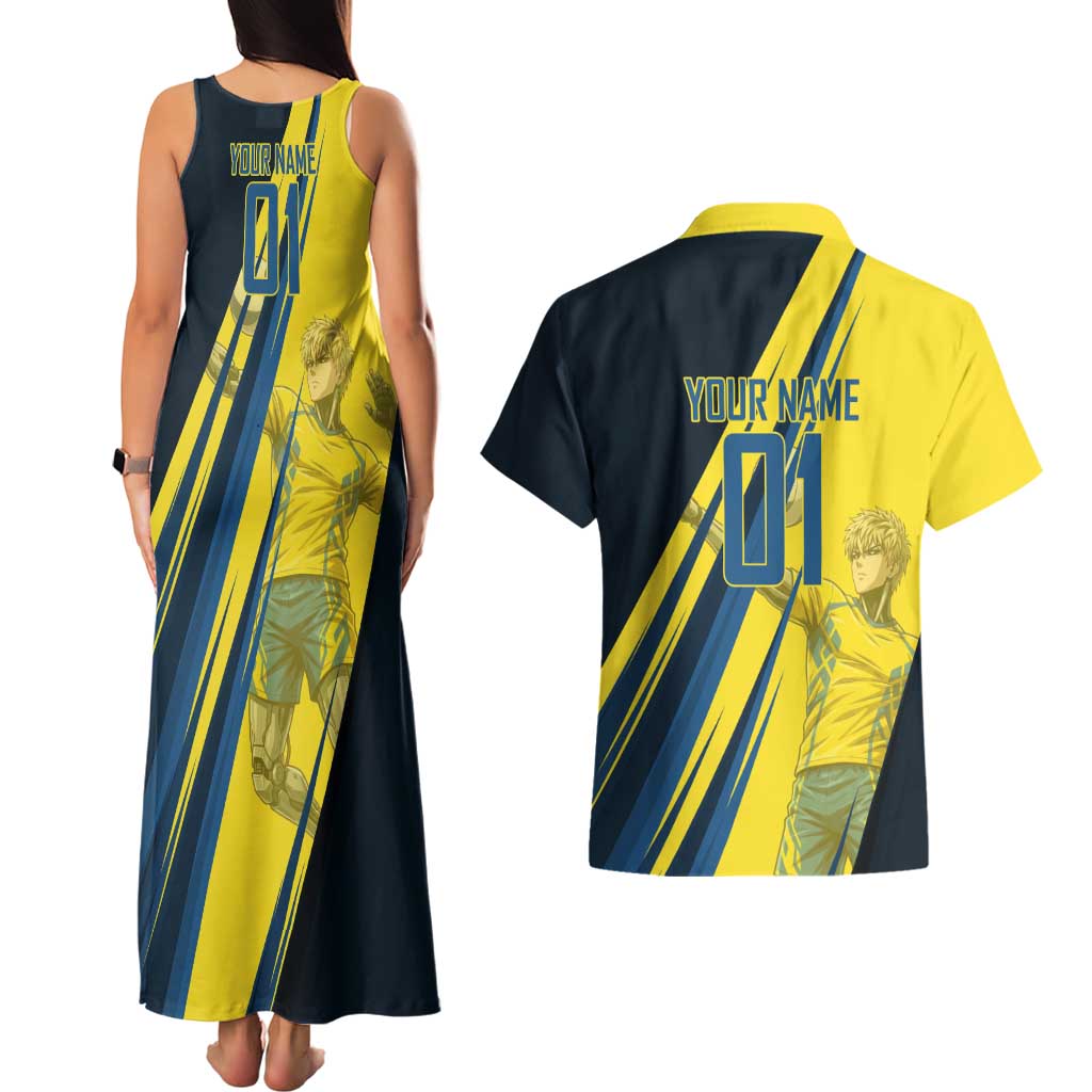 Personalized Genos Volleyball Design Couples Matching Tank Maxi Dress and Hawaiian Shirt with Yellow and Blue Athletic Theme and Dynamic Spike Pose