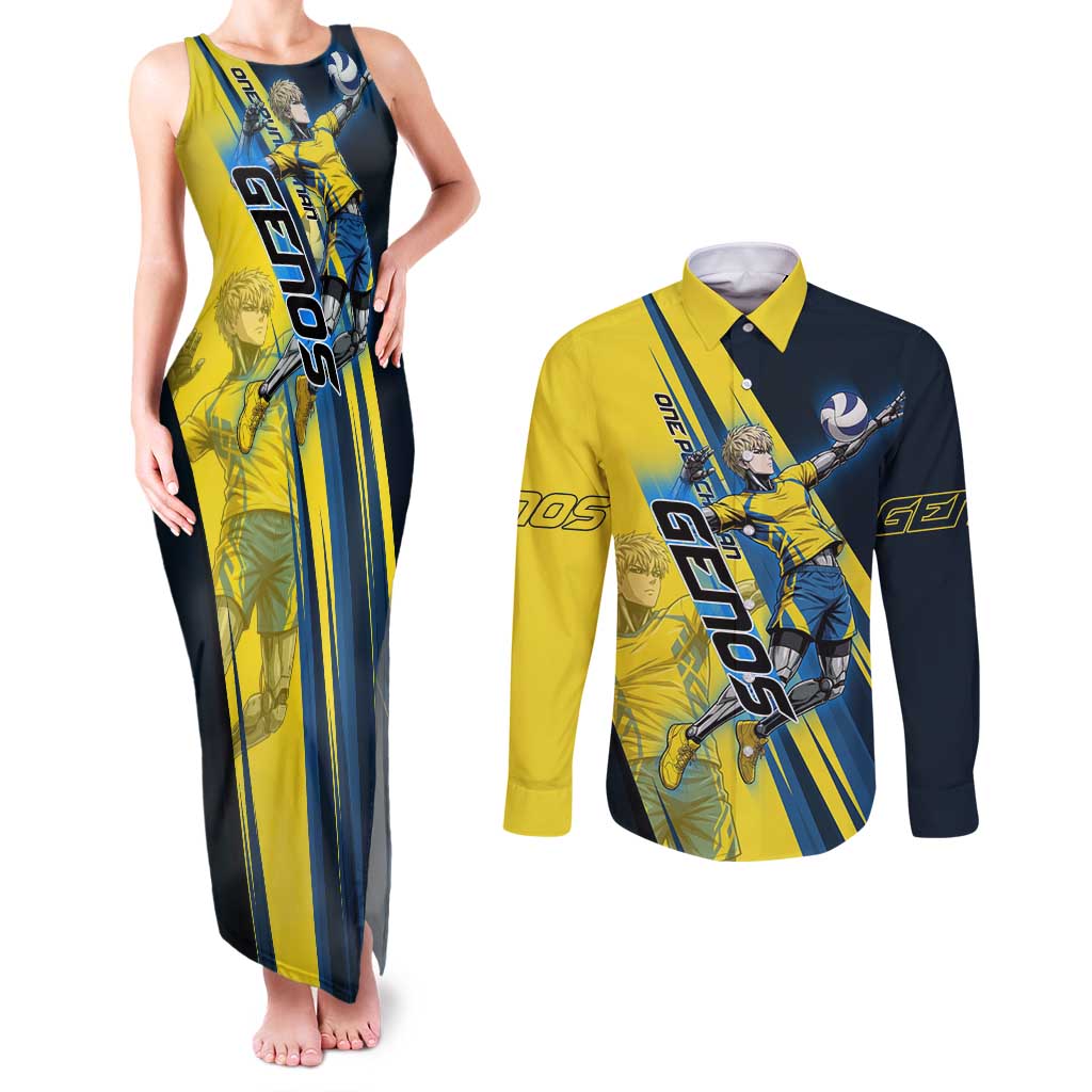 Personalized Genos Volleyball Design Couples Matching Tank Maxi Dress and Long Sleeve Button Shirt with Yellow and Blue Athletic Theme and Dynamic Spike Pose