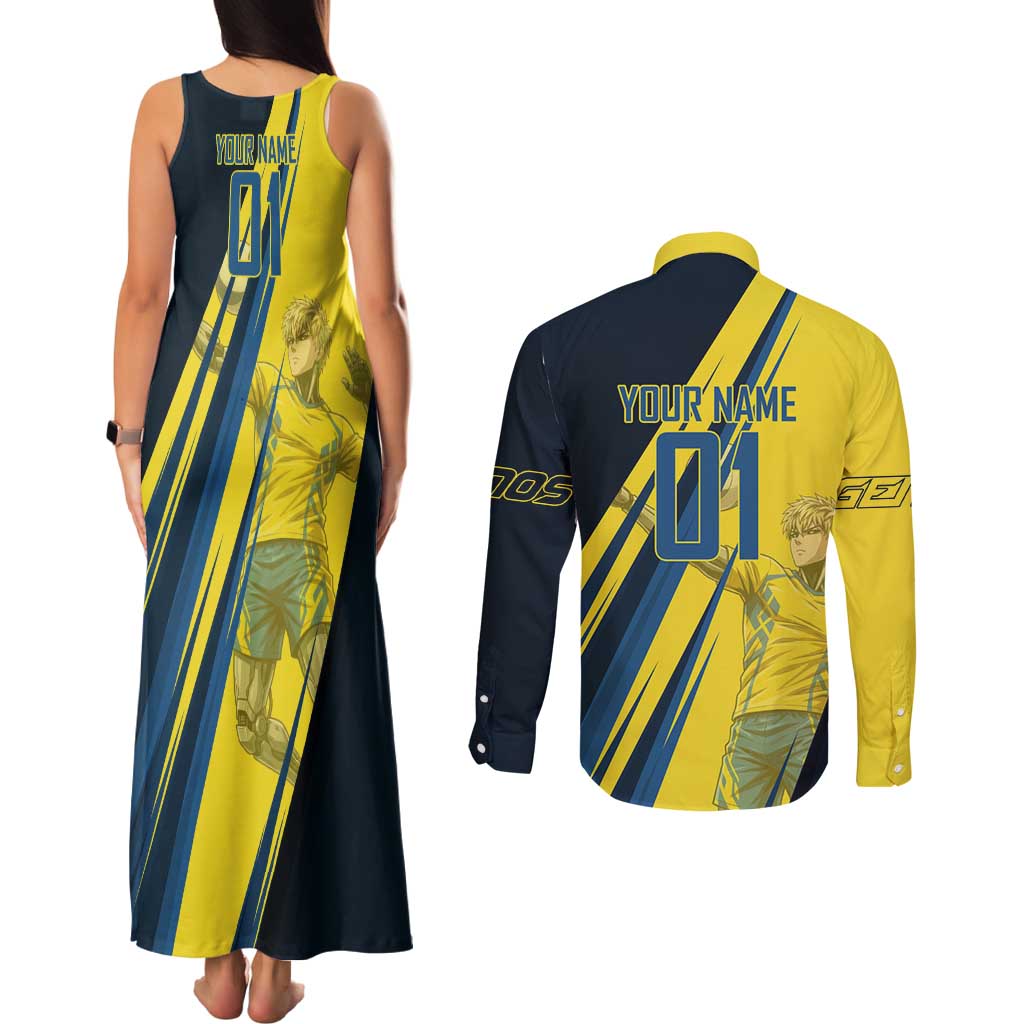 Personalized Genos Volleyball Design Couples Matching Tank Maxi Dress and Long Sleeve Button Shirt with Yellow and Blue Athletic Theme and Dynamic Spike Pose