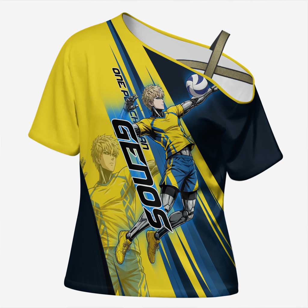 Personalized Genos Volleyball Design Cross Shoulder Shirt with Yellow and Blue Athletic Theme and Dynamic Spike Pose