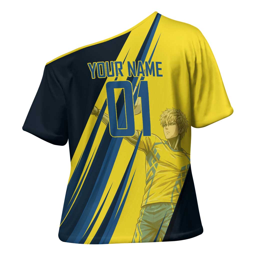 Personalized Genos Volleyball Design Cross Shoulder Shirt with Yellow and Blue Athletic Theme and Dynamic Spike Pose