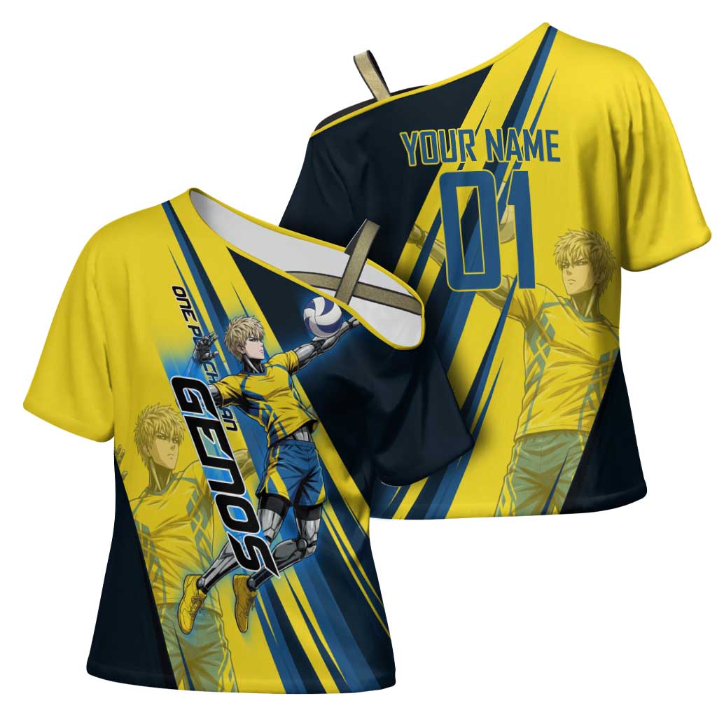Personalized Genos Volleyball Design Cross Shoulder Shirt with Yellow and Blue Athletic Theme and Dynamic Spike Pose