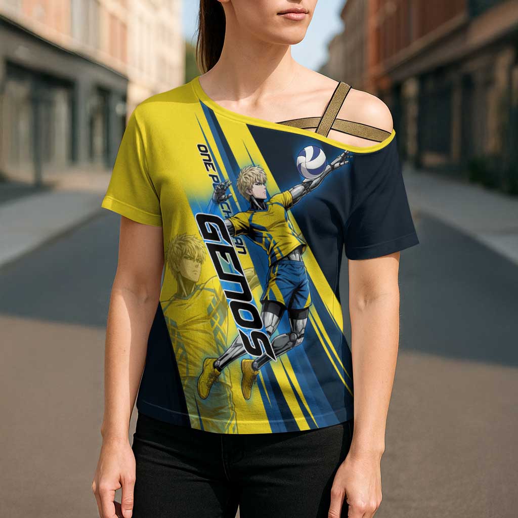 Personalized Genos Volleyball Design Cross Shoulder Shirt with Yellow and Blue Athletic Theme and Dynamic Spike Pose
