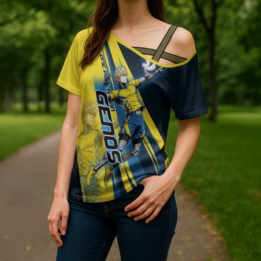 Personalized Genos Volleyball Design Cross Shoulder Shirt with Yellow and Blue Athletic Theme and Dynamic Spike Pose
