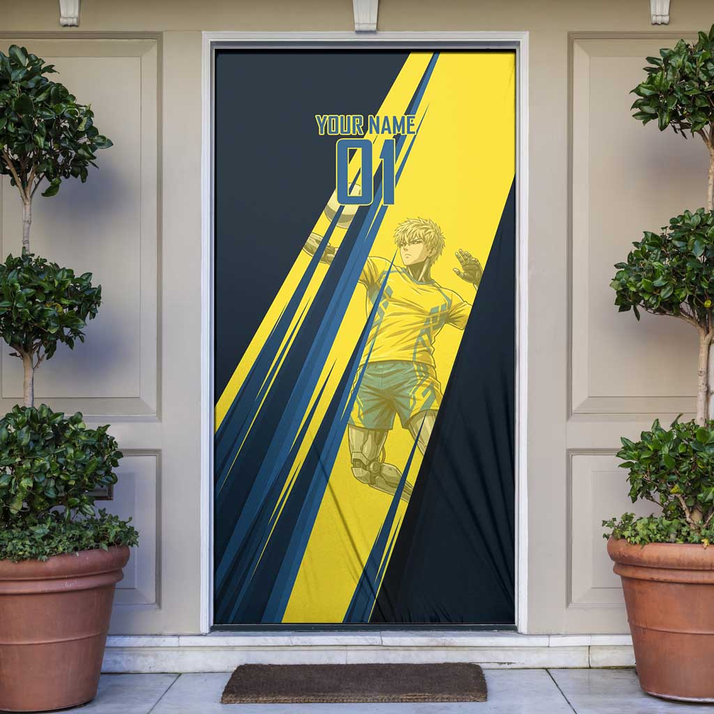 Personalized Genos Volleyball Design Door Cover with Yellow and Blue Athletic Theme and Dynamic Spike Pose