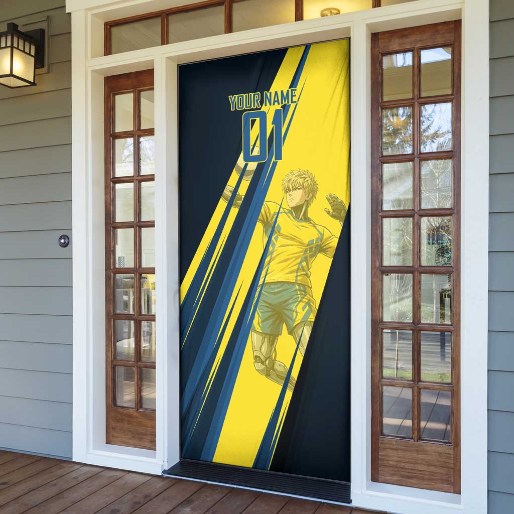 Personalized Genos Volleyball Design Door Cover with Yellow and Blue Athletic Theme and Dynamic Spike Pose