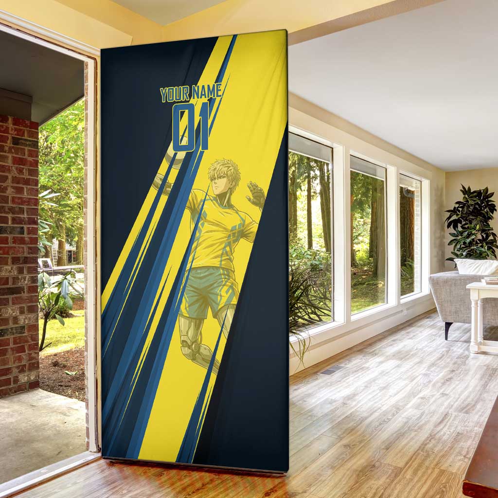 Personalized Genos Volleyball Design Door Cover with Yellow and Blue Athletic Theme and Dynamic Spike Pose