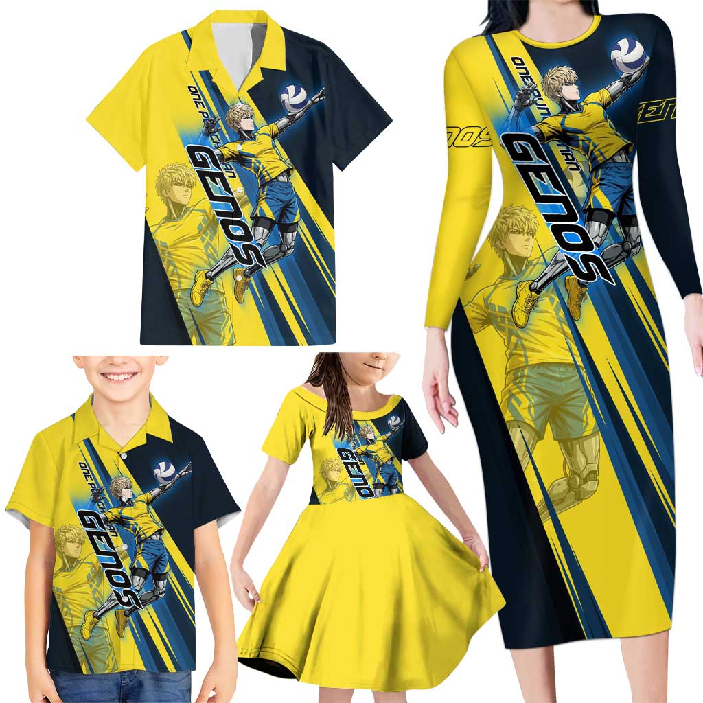 Personalized Genos Volleyball Design Family Matching Long Sleeve Bodycon Dress and Hawaiian Shirt with Yellow and Blue Athletic Theme and Dynamic Spike Pose