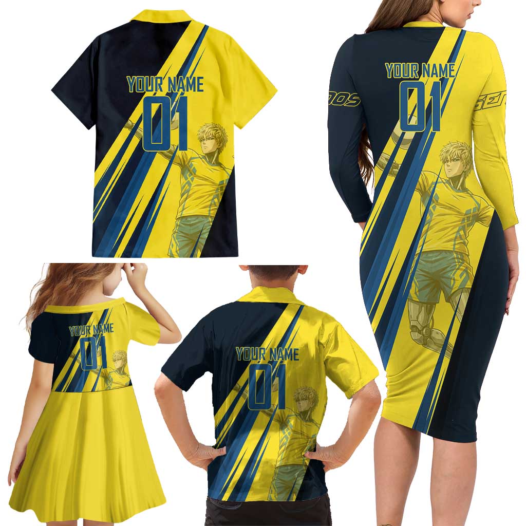Personalized Genos Volleyball Design Family Matching Long Sleeve Bodycon Dress and Hawaiian Shirt with Yellow and Blue Athletic Theme and Dynamic Spike Pose
