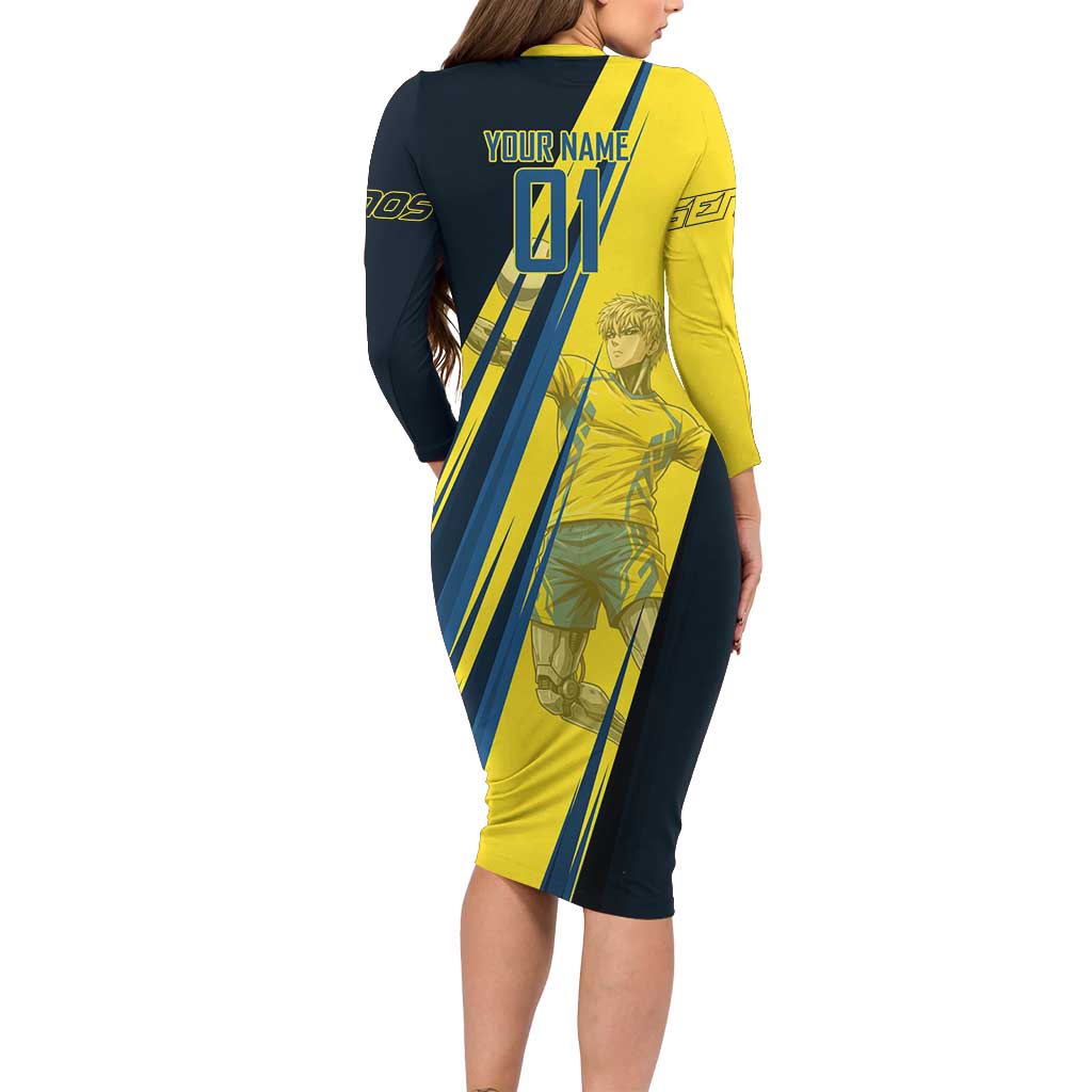Personalized Genos Volleyball Design Family Matching Long Sleeve Bodycon Dress and Hawaiian Shirt with Yellow and Blue Athletic Theme and Dynamic Spike Pose